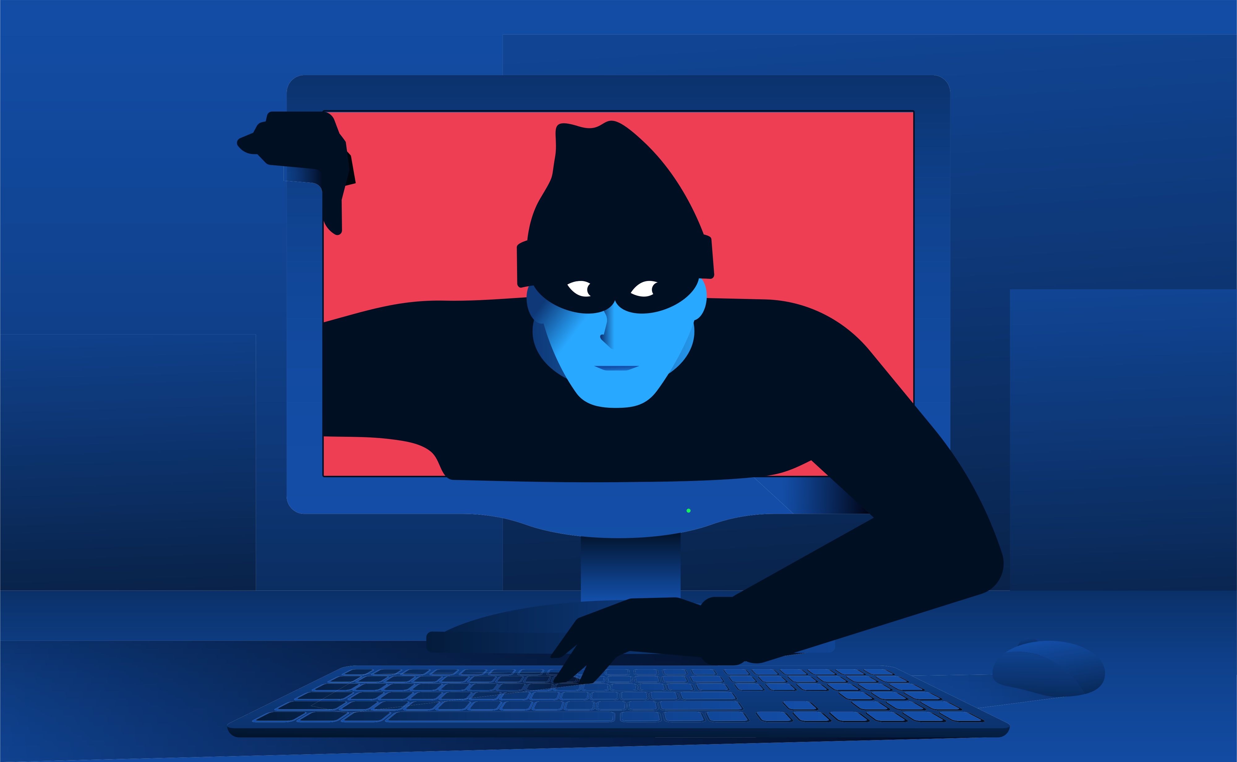 A hacker coming out of a computer screen, representing bad actors